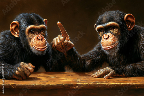 Two monkeys are sitting on a table and one of them is pointing at the other