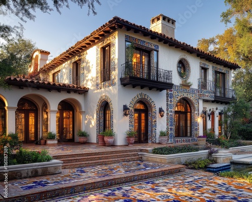 Vibrant spanish colonial house outdoor garden architectural photography colorful environment daylight view cultural heritage photo