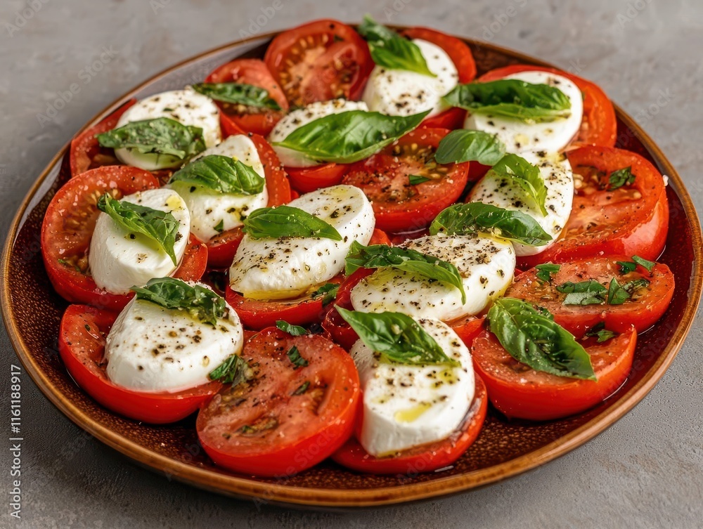 An elegantly plated caprese salad with fresh mozzarella, ripe tomatoes, and basil, Italian balance, simple health An elegantly plated caprese salad with fresh mozzarella, ripe tomatoes, and basil, Italian balance, simple health