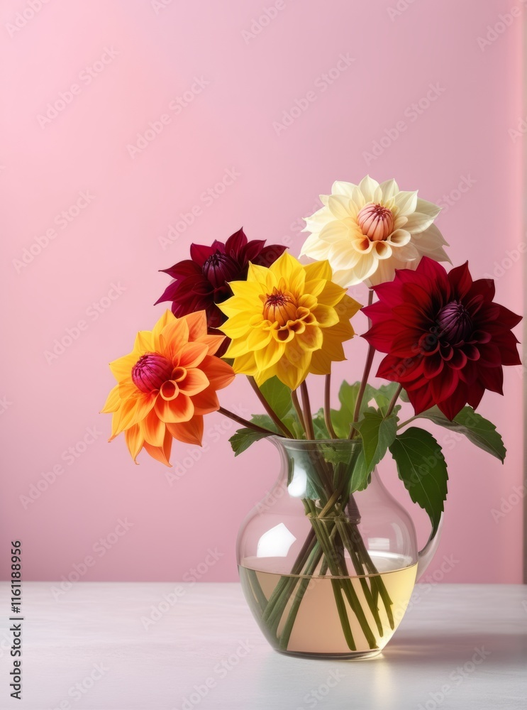 Colorful bouquet of fresh dahlias arranged in a clear vase on a light surface against a pastel pink backdrop. Mothers day, 8 march Colorful bouquet of fresh dahlias arranged in a clear vase on a light surface against a pastel pink backdrop. Mothers day, 8 march