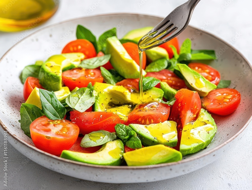 A beautifully arranged avocado and tomato salad with a drizzle of olive oil, simple health, balanced flavors