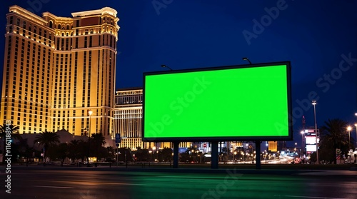 Billboard with Green Screen in Urban Cityscape at Night