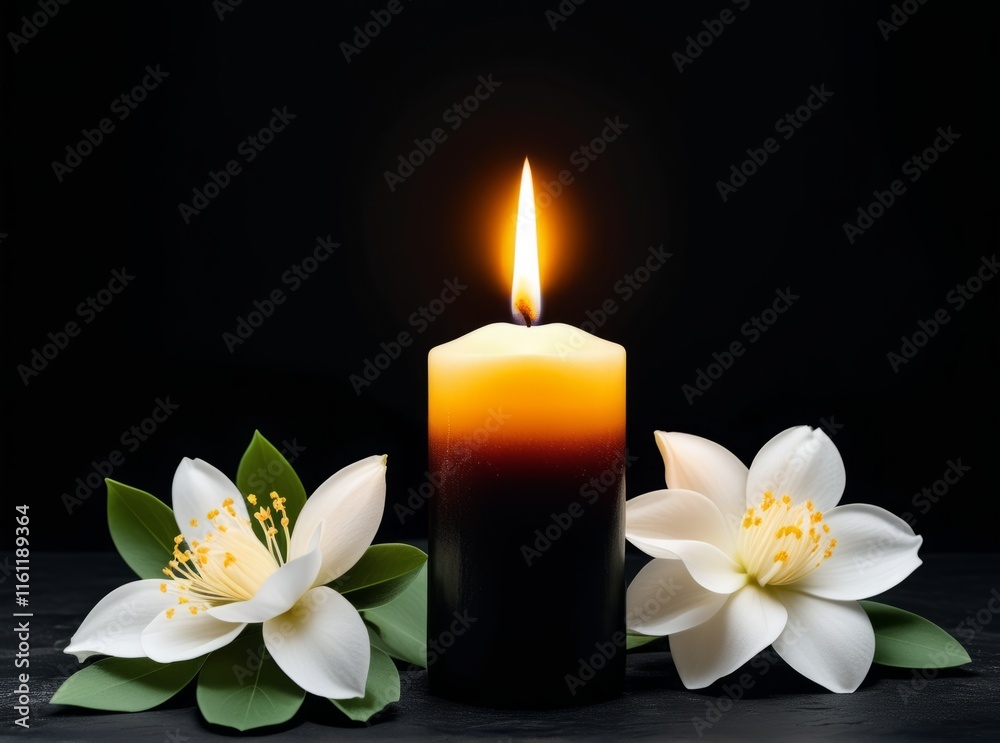 Candlelight illuminates white flowers creating a serene atmosphere in a dark setting Candlelight illuminates white flowers creating a serene atmosphere in a dark setting
