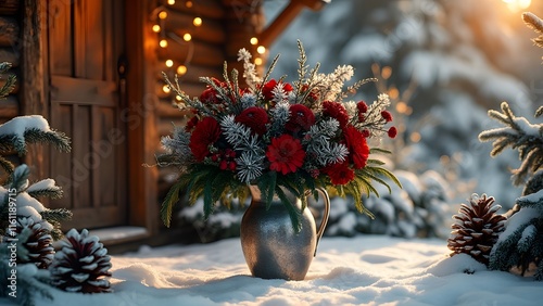 Lush Crimson & Silver Christmas Floral Bouquet in Mercury Glass Vase, Snowy Winter Wonderland Cabin Scene