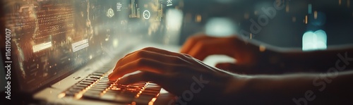 A Close-Up of Hands Typing on a Keyboard with Digital Data Flowing photo