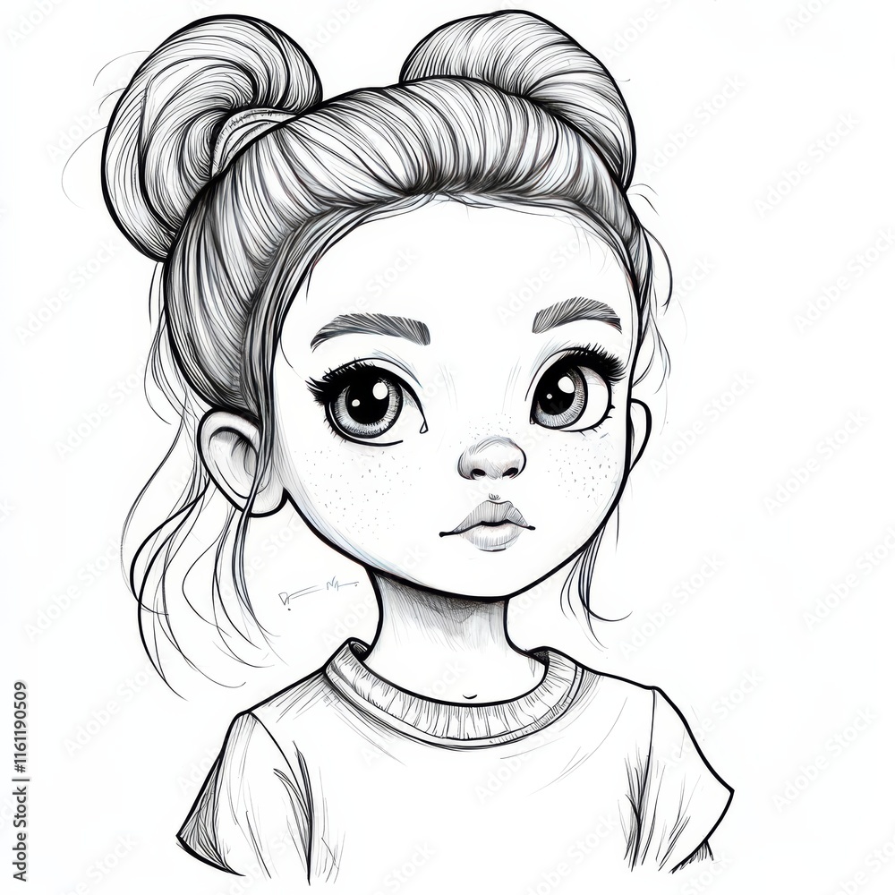 This simple, yet expressive illustration of a young girl with double buns, captivating eyes, and a hint of a smile, is perfect for your designs. Coloring Book This simple, yet expressive illustration of a young girl with double buns, captivating eyes, and a hint of a smile, is perfect for your designs. Coloring Book