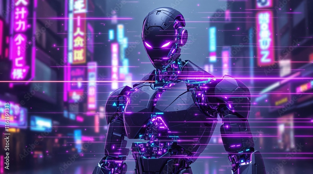 Futuristic cybernetic robot in neon-lit cityscape Futuristic cybernetic robot in neon-lit cityscape