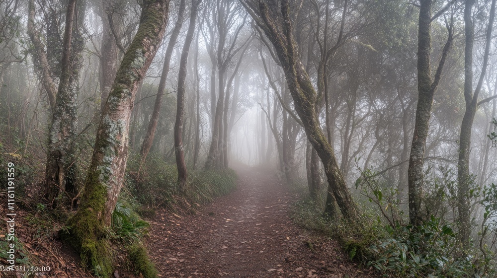 Fototapeta premium Misty Forest Path: A Serene Walk Through Nature's Embrace