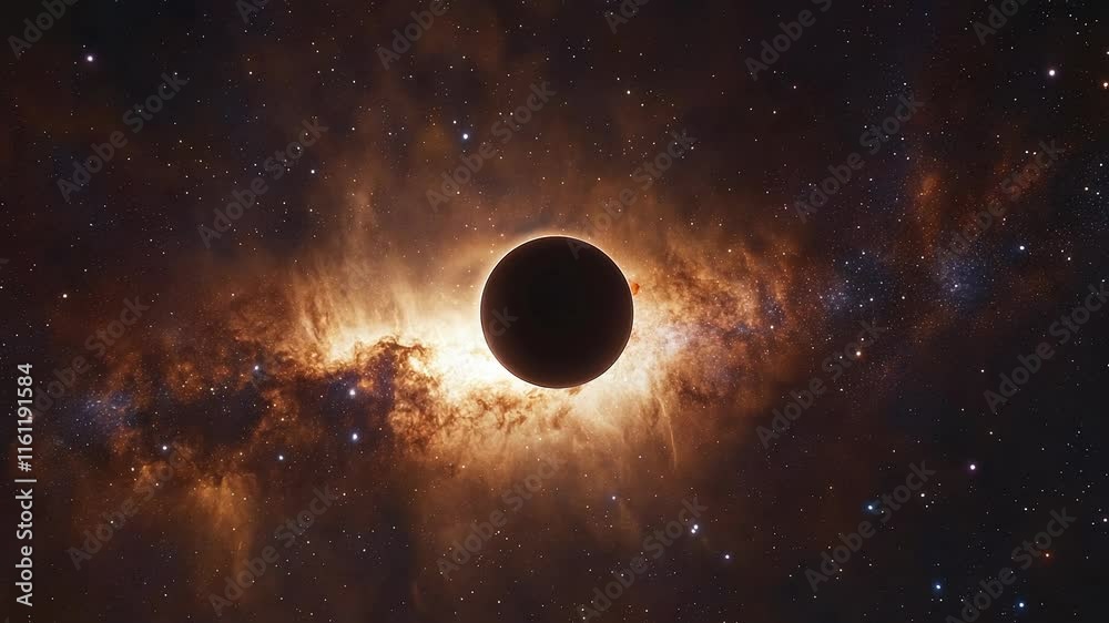 A stunning view of a solar eclipse, with the moon perfectly aligned in front of the sun, casting a shadow over a vibrant starry sky filled with twinkling stars and distant galaxies A stunning view of a solar eclipse, with the moon perfectly aligned in front of the sun, casting a shadow over a vibrant starry sky filled with twinkling stars and distant galaxies