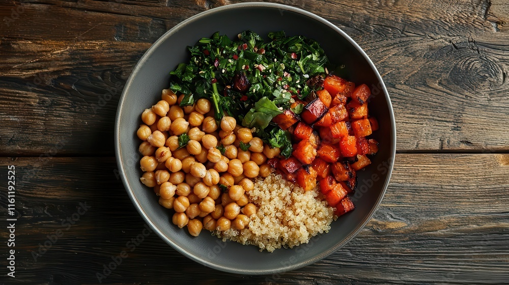 A beautifully balanced vegan plate with roasted chickpeas, quinoa, and vibrant vegetables, plantbased nutrition, healthy living A beautifully balanced vegan plate with roasted chickpeas, quinoa, and vibrant vegetables, plantbased nutrition, healthy living