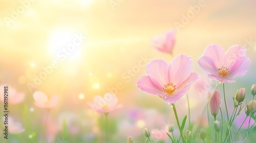 Pink Cosmos Flowers in Sunrise