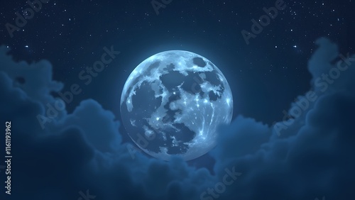 Ethereal Full Moon Illustration, High-Contrast Indigo Night Sky with Stars, Transparent PNG Background