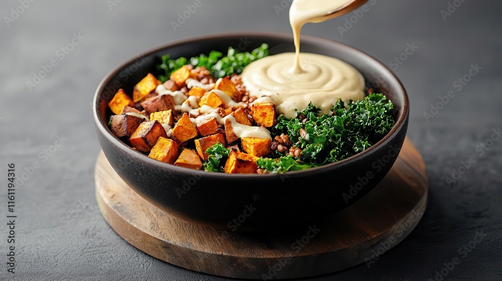 A proteinpacked power bowl with roasted sweet potatoes, kale, and tahini dressing, energy food, nutritional harmony A proteinpacked power bowl with roasted sweet potatoes, kale, and tahini dressing, energy food, nutritional harmony