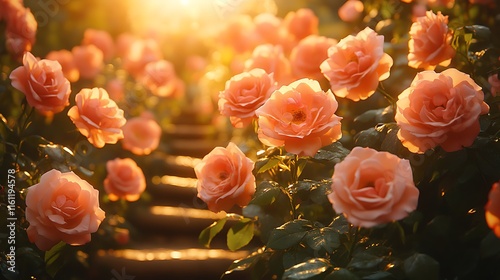 Romantic Rose Garden Path Illuminated by Warm Sunlight Photo