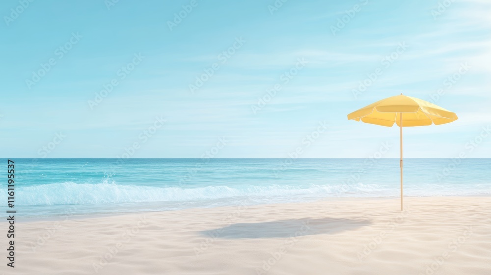 Yellow Beach Umbrella on Sandy Shore Yellow Beach Umbrella on Sandy Shore
