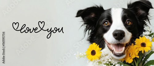 Adorable Border Collie Dog with Flowers, Saying Love You