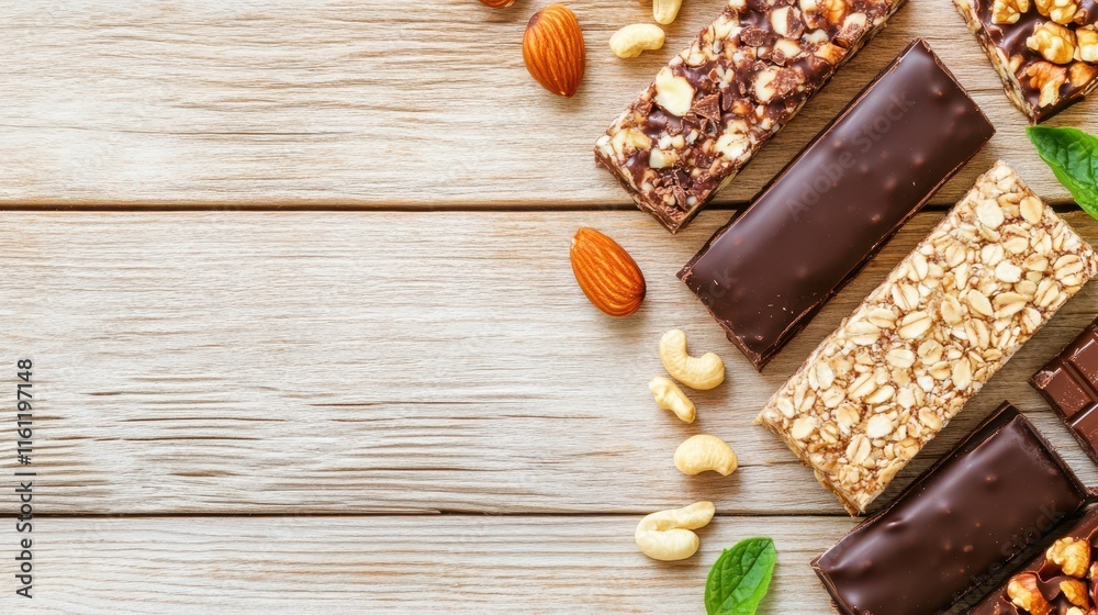 Delicious and Nutritious Granola Bars: A flat lay showcasing an assortment of granola bars with nuts and chocolate, arranged on a rustic wooden background. Perfect for health-conscious food blogs. Delicious and Nutritious Granola Bars: A flat lay showcasing an assortment of granola bars with nuts and chocolate, arranged on a rustic wooden background. Perfect for health-conscious food blogs.