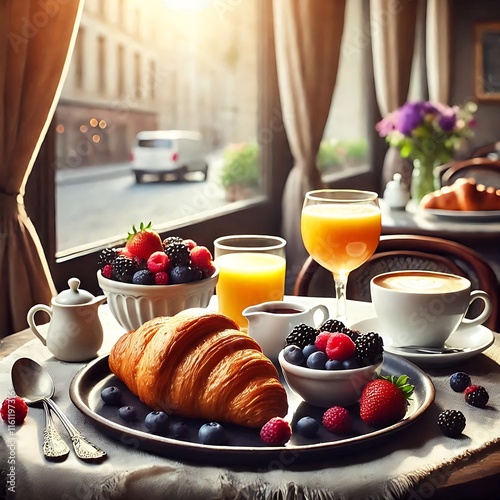 breakfast with croissant and coffee