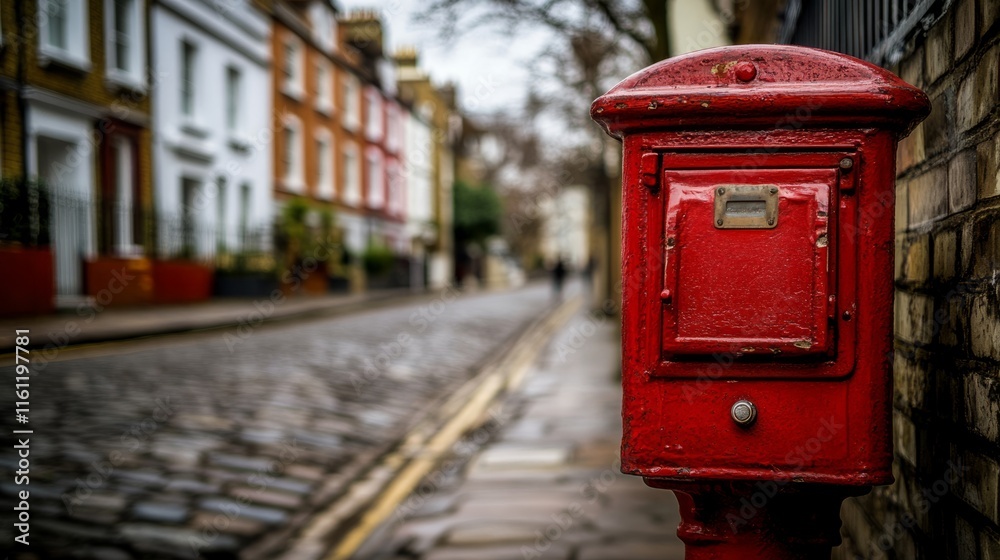 Historic red mailbox stands prominently on a British street, symbolizing timeless communication and cultural heritage. Historic red mailbox stands prominently on a British street, symbolizing timeless communication and cultural heritage.