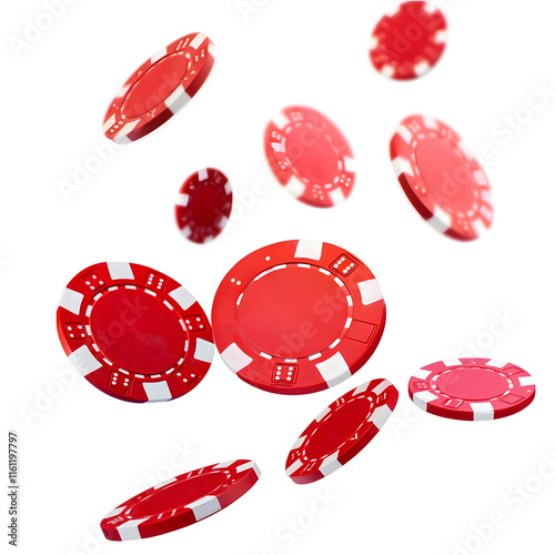 Red casino chips falling on white background photo