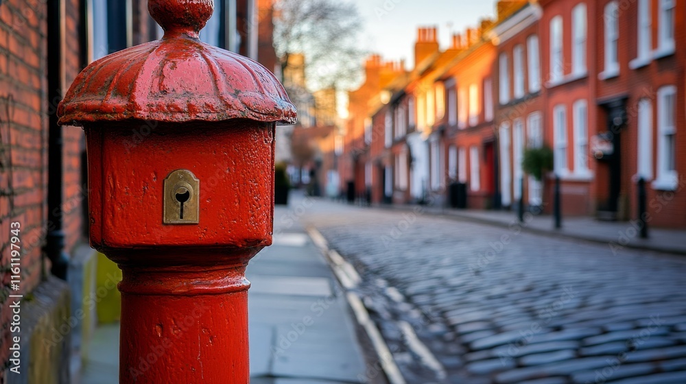 Historic red mailbox stands prominently on a British street, symbolizing timeless communication and cultural heritage. Historic red mailbox stands prominently on a British street, symbolizing timeless communication and cultural heritage.