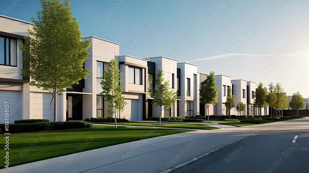 Modern Residential Neighborhood With Contemporary Houses, Green Lawns, and a Clean Urban Street View

