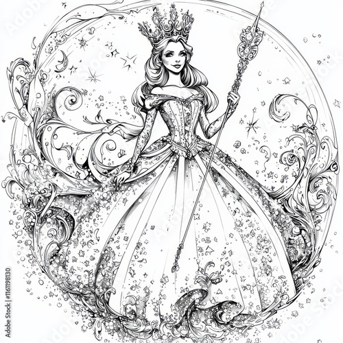 Goodness and Glamour:  A regal illustration of Glinda, the Good Witch of the South, adorned in a breathtaking gown, wielding her scepter, and encircled by enchanting flourishes.