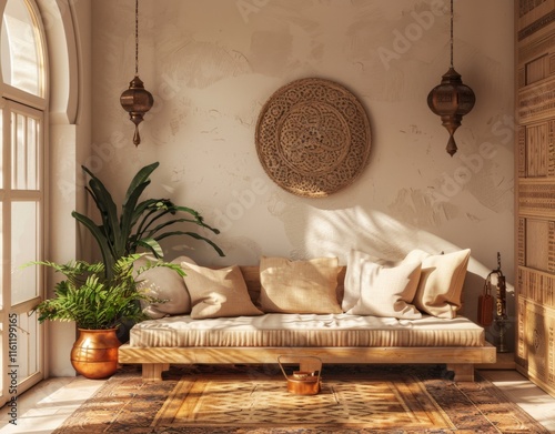 A traditional Arab house with islamic pattern and ramadan lamp decoration. Cosy beige interior photo