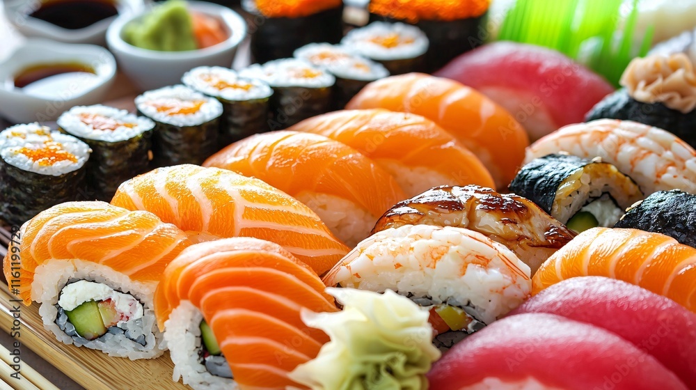Colorful Array of Fresh Sushi including Maki, Nigiri, and Sashimi with Vibrant Ingredients Perfect for Display in a Japanese Cuisine Setting Colorful Array of Fresh Sushi including Maki, Nigiri, and Sashimi with Vibrant Ingredients Perfect for Display in a Japanese Cuisine Setting