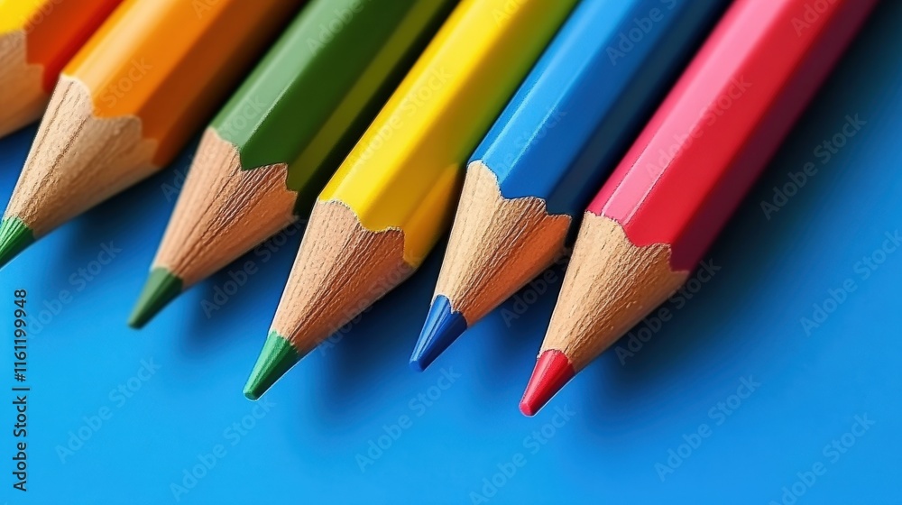 Vibrant Arrangement of Colored Pencils in Bright Hues on Blue Background Vibrant Arrangement of Colored Pencils in Bright Hues on Blue Background