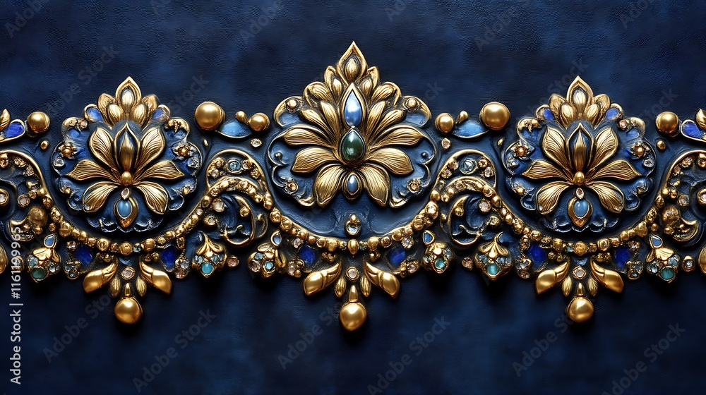 Ornate Gold and Blue Jewel Encrusted Floral Design Ornate Gold and Blue Jewel Encrusted Floral Design