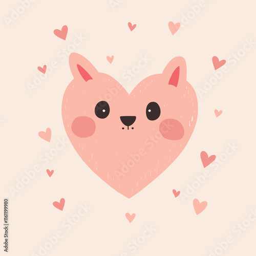 Cute heart-shaped animal face with pink cheeks surrounded by hearts, Valentine's Day illustration