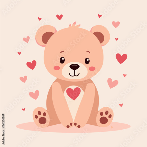 Cute teddy bear with hearts on pastel background, Valentine's Day illustration