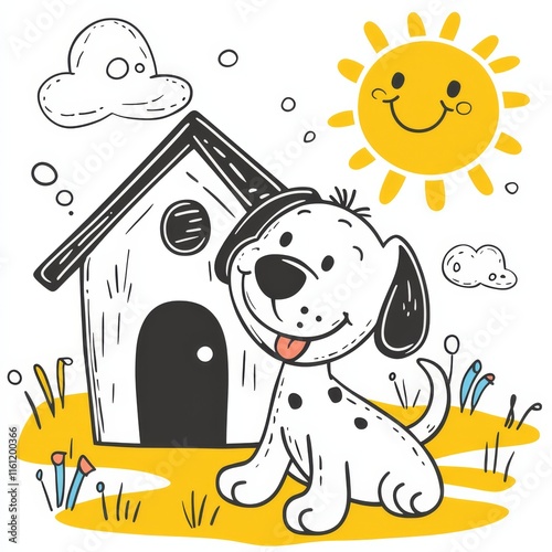 Happy Dog in Sunny Day: A playful dalmatian puppy beams with joy in a whimsical, hand-drawn illustration, complete with a cozy doghouse and a smiling sun. This cheerful image evokes warmth, innocence.