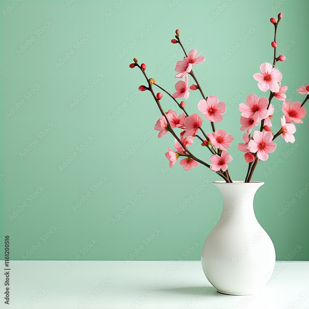 Pink Cherry Blossom Branches in White Vase on Mint Green Background, Perfect for Minimalist Decor, Spring-Themed Art, Floral Advertising, Zen Aesthetics, Home Decor Ideas, Greeting Cards, and Nature-I Pink Cherry Blossom Branches in White Vase on Mint Green Background, Perfect for Minimalist Decor, Spring-Themed Art, Floral Advertising, Zen Aesthetics, Home Decor Ideas, Greeting Cards, and Nature-I