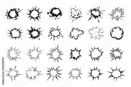 Vector set of simple comic speech bubbles, cartoon explosion, or spark icons isolated on a white background