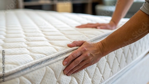 New Mattress Close-up, Hand Trying if Firm or Soft, and Comfortable, Sleep Accessories photo