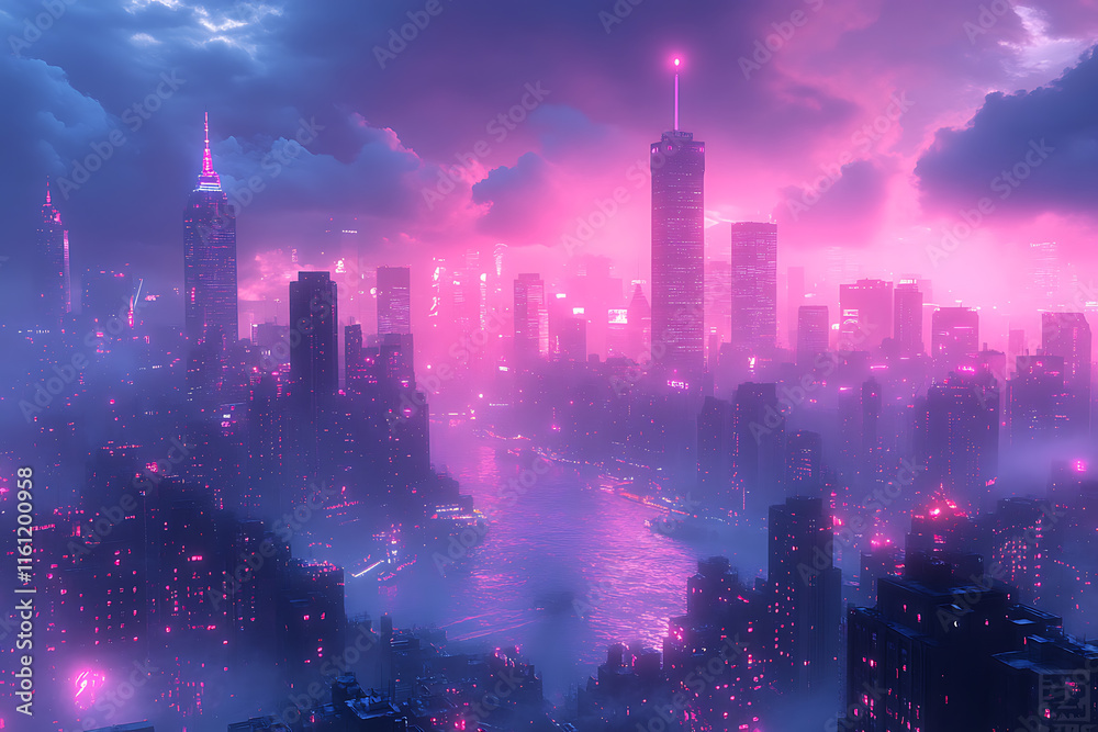 Obraz premium A breathtaking futuristic neon cityscape with glowing skyscrapers, vibrant hues of pink, blue, and purple lights, and a misty atmosphere, evoking a cyberpunk aesthetic.