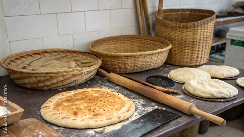 Traditional tools for making aish baladi bread displayed in a rustic kitchen setting photo