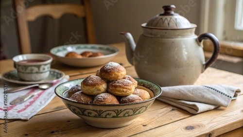 Traditional Scandinavian still life featuring bleskiver with a teapot and tea setup in a cozy setting photo