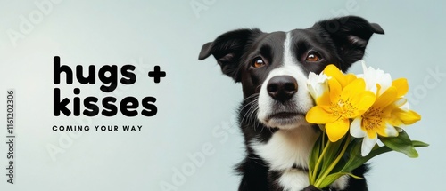 Adorable Border Collie Dog Holding Yellow Flowers, Hugs and Kisses