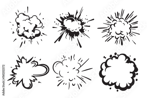 Vector flat simple cartoon comic book explosion icon set, black on a white background