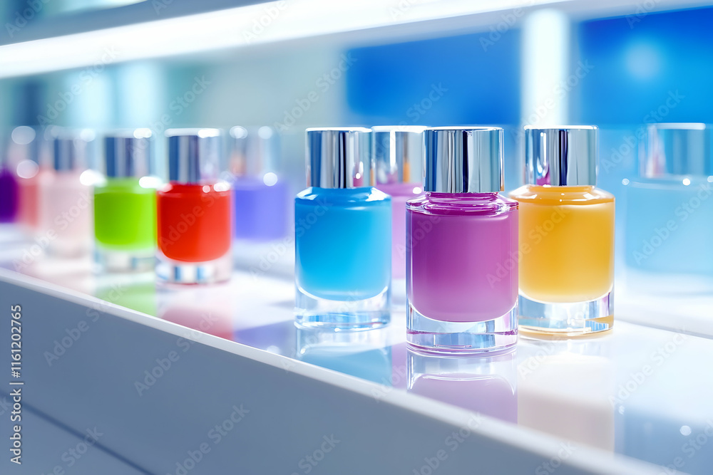 A sleek shelf displays vibrant nail polish colors under bright lights A sleek shelf displays vibrant nail polish colors under bright lights