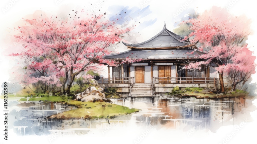 Serene Japanese Garden Watercolor Painting: Tranquil Asian Temple Reflected in a Calm Lake Surrounded by Cherry Blossoms