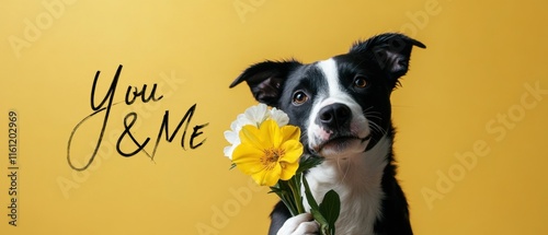Adorable Dog Holding Flowers, You  Me Valentines Day Stock Photo
