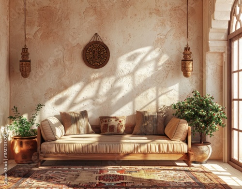 A traditional Arab house with islamic pattern and ramadan lamp decoration. Cosy beige interior photo