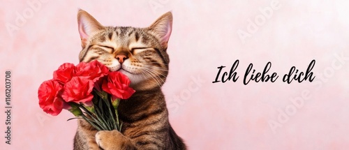 Adorable Cat Sniffing Red Carnations, Saying Ich Liebe Dich photo