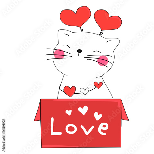 Cute cat in a love gift box