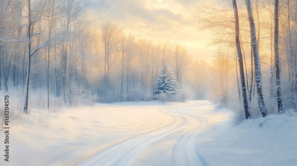 Winter Wonderland Snow-Covered Forest Path at Sunrise Winter Wonderland Snow-Covered Forest Path at Sunrise