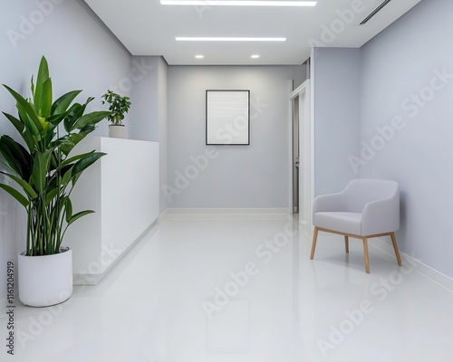 A minimalist dental clinic with a calm color palette and attentive staff, healthcare service, stressfree experience photo